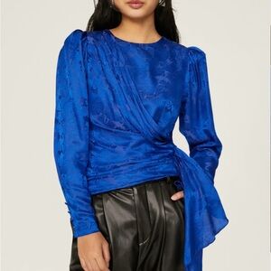 Ronny Kobo Collection Blue Asymmetrical Puff Sleeve Blouse